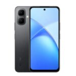 Smartphone avec écran bleu et design élégant, arrière gris.