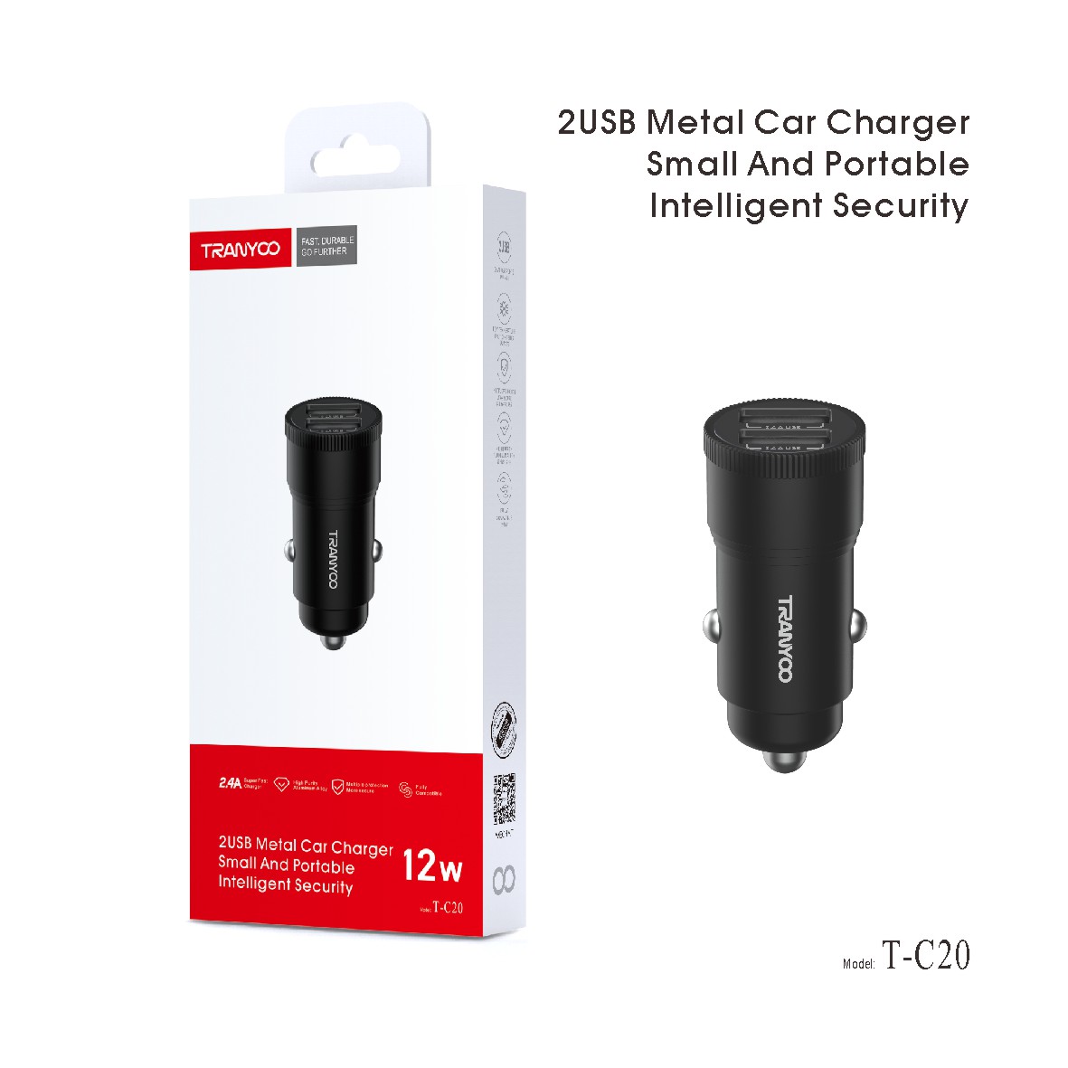 C20 Tranyoo T-C20 2USB Metal Car Charger – Image 1