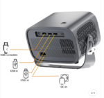 Projecteur avec ports HDMI, USB et DC-in visibles à l'arrière.