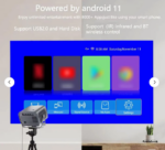 Interface d'un projecteur Android 11 avec options de contrôle et d'applications.
