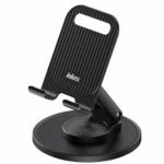 Support de téléphone noir avec base ronde et bras ajustable.